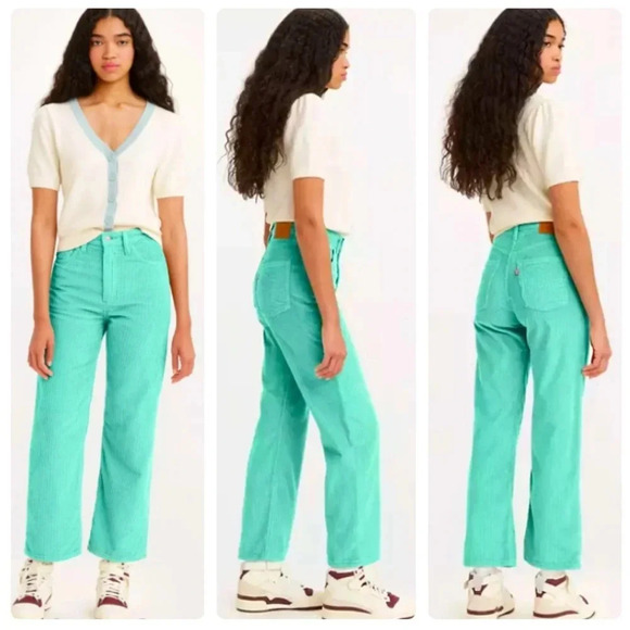 Levi’s Ribcage Straight Ankle Pants in Electric Green Corduroy Size 24 - Picture 1 of 16